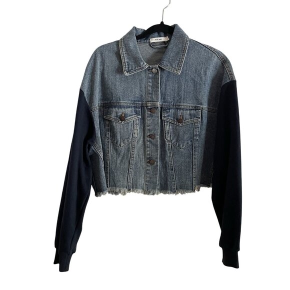 Mod Ref Women M Renee Boxy Cropped With Sweatshirt Sleeves Denim Jean Jacket - Picture 4 of 12